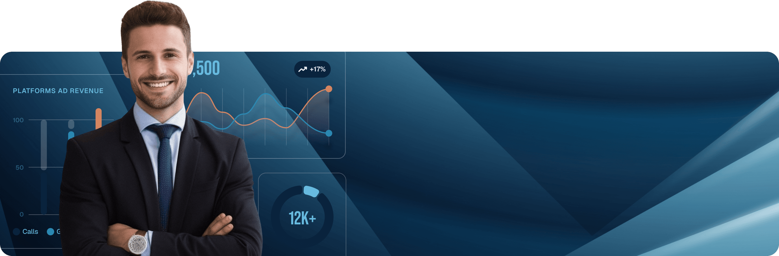 Blue banner with metrics and employee